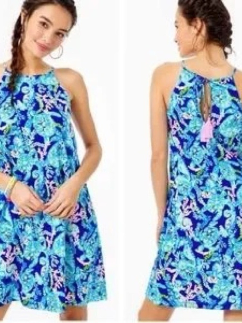 Lilly Pulitzer Margot Swing Dress Corsica Blue Turtle Villa Halter Tassels Small - Picture 2 of 7